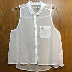Hollister Sheer Sleeveless Top Hi Low Hem Pocket White Size M